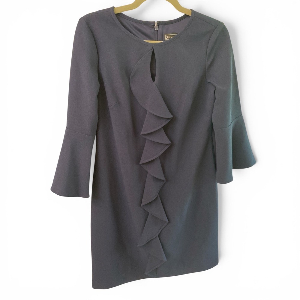 Jessica Howard Navy Blue Ruffle Front Bell Sleeve Sheath Dress Petite 6P
